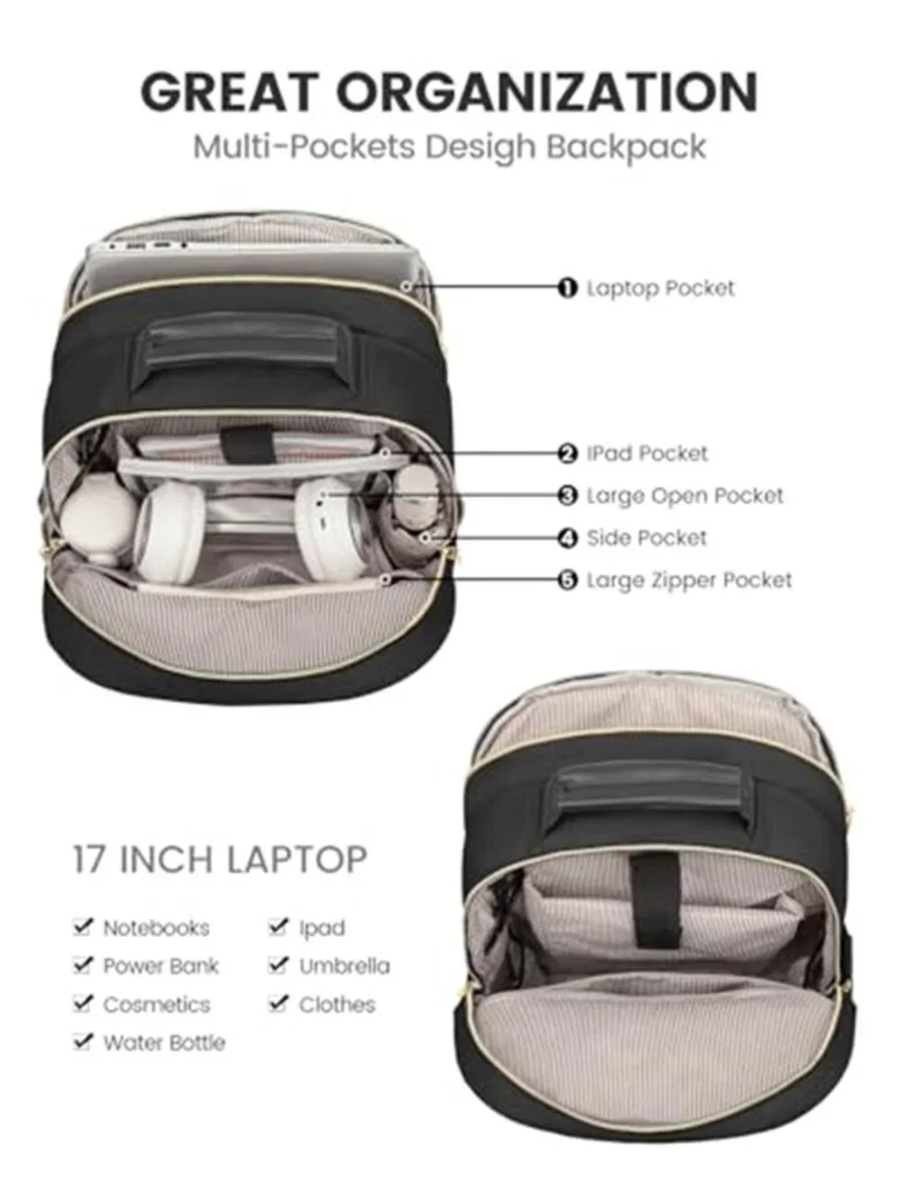 Women's 17 Inch Laptop Backpack Travel Work Business College USB Port Black Bags